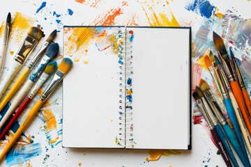 Obraz premium In an artists colorful workspace, an open sketchbook holds potential, vibrant brushes await ideas, and paint splatters showcase unique creativity and imaginative expression, ready to be unleashed