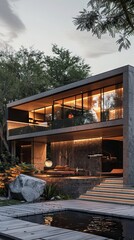 Fototapeta premium Minimalist urban villa with large, open spaces.