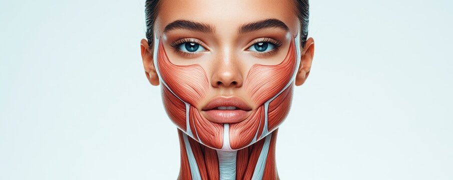 Close-up of a female model showcasing detailed facial muscle anatomy with vibrant colors against a neutral background.