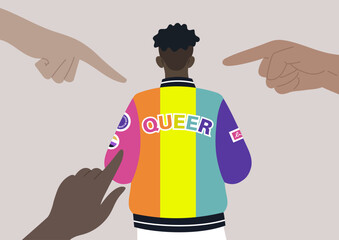 A vibrant jacketed figure stands amid accusatory gestures, representing societal backlash against queer identity in a contemporary context