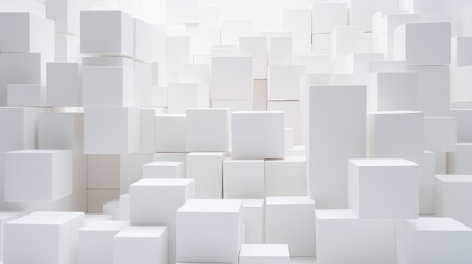 Cube background. Vast array of white cubes of different sizes, arranged in a random pattern. Minimalist color scheme and geometric pattern.