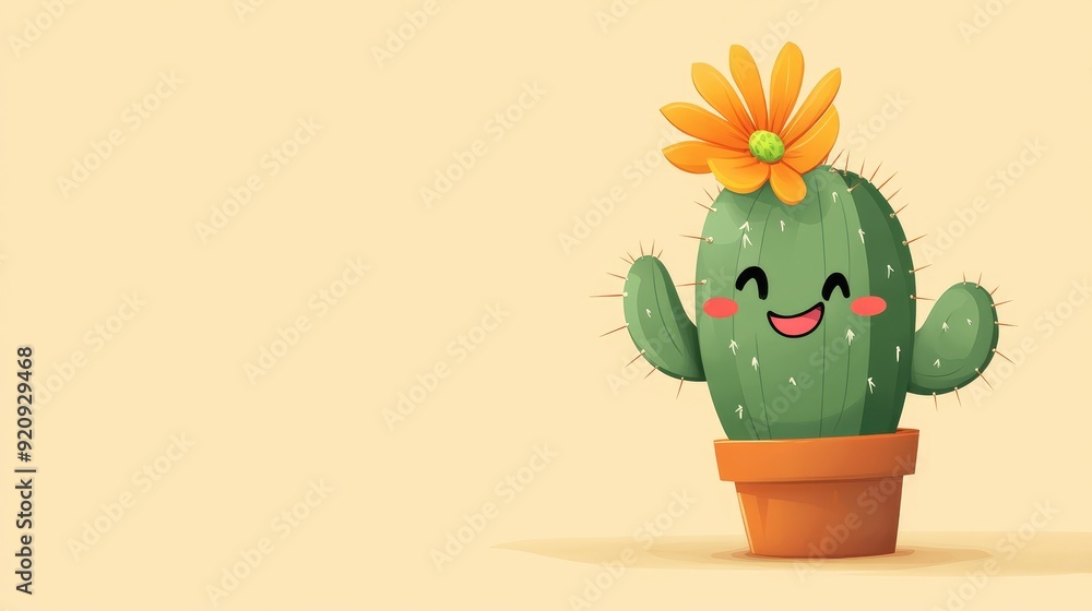 Poster playful cactus cartoon with a cheeky grin and a flower on top, with a clear background for inserting