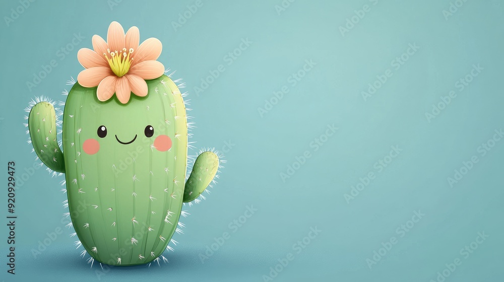 Poster playful cactus cartoon with a cheeky grin and a flower on top, with a clear background for inserting
