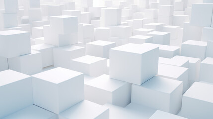 Cube background. Vast array of white cubes of different sizes, arranged in a random pattern. Minimalist color scheme and geometric pattern.