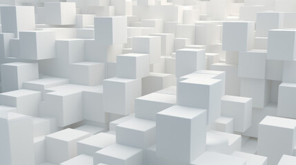 Cube background. Vast array of white cubes of different sizes, arranged in a random pattern. Minimalist color scheme and geometric pattern.