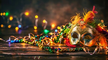 Vibrant Mardi Gras or Rio Carnival Mask with Colorful Decorations, Featuring a Gold Feathered Mask, Party Lights, and Beads Arranged on a Wooden Table