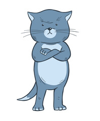 Gloomy domestic cat. Funny character. Topics about pets. Dissatisfied posture, resentment and cat whim. Cartoon vector illustration isolated on white background