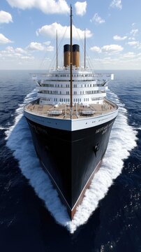 The Titanic gracefully sails through calm waters, showcasing its iconic silhouette against a vibrant sky, highlighting its majestic design and details