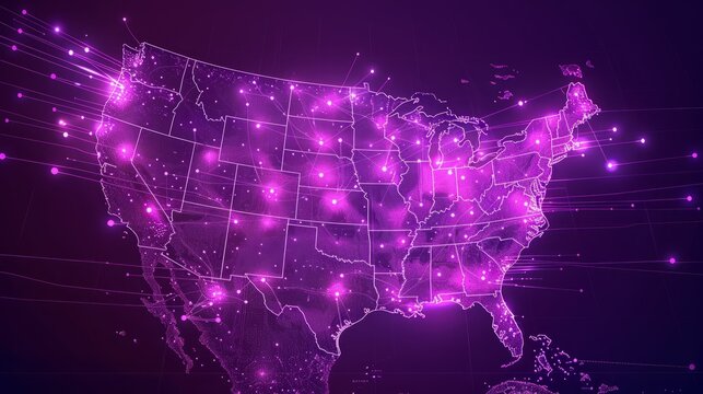 A glowing purple map of the United States with lines connecting cities.