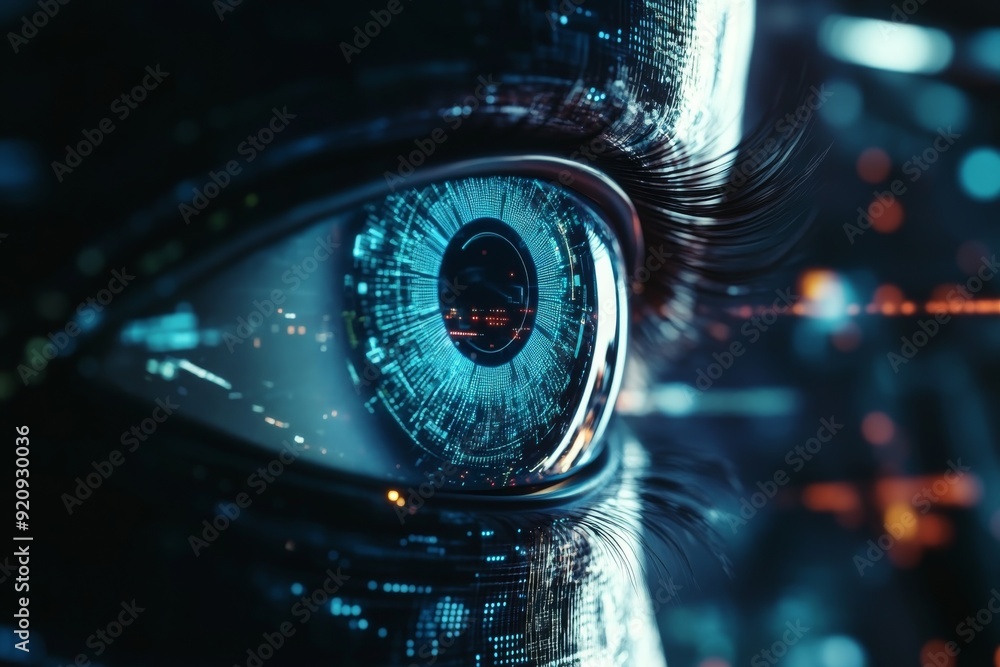 Poster a closeup reveals a high-tech ai eye embedded in a sleek robotic interface, showcasing complex digit