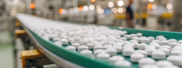 Obraz premium A conveyor belt filled with numerous white pills A figure works in the background