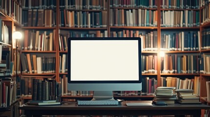 A computer with a blank screen on a work desk, set against a backdrop of library bookshelves, perfect for mockup designs.
