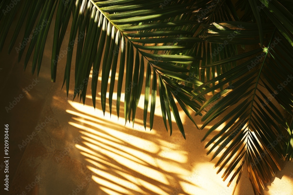 Poster sunlight streams through palm tree fronds, casting intricate shadows on the ground, evoking a tranqu