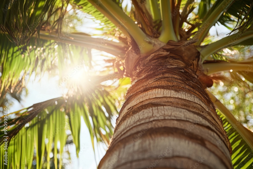 Poster sunlight streams through palm fronds, illuminating the trunk and creating enchanting shadows on the 