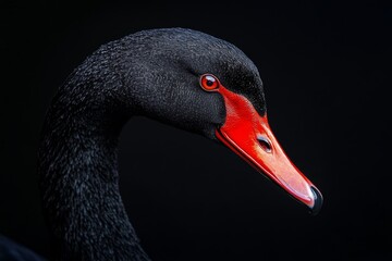 A black swan showcases its bright red beak and orange eyes, exuding grace as it stands against a dark backdrop, capturing the essence of elegance in nature