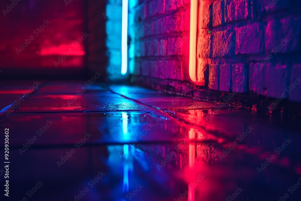 Poster glowing neon shapes and symbols cast colorful reflections on a polished concrete surface, creating a
