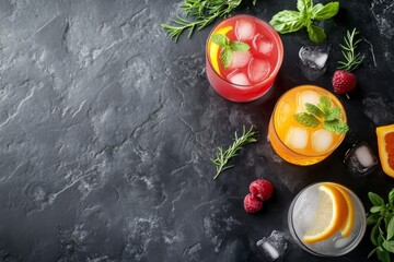 Colorful fruit cocktails with fresh herb garnishes arranged on a black granite countertop, inviting a refreshing summer experience