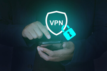 Businessman hand using VPN connection security via smart phone; Virtual Private Network