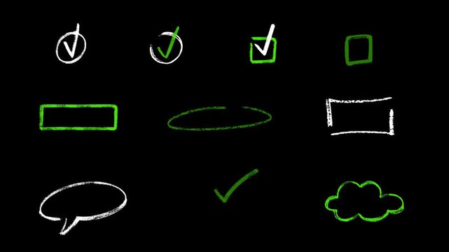 Set of Animated chalk blackboard whiteboard Hand Drawn Highlighter Elements, Doodle marker elements, arrows, circles, check marks, hearts, frames, borders for selecting text