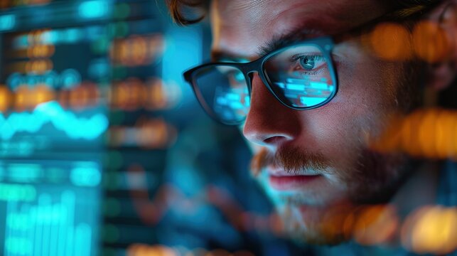 Futuristic Holographic AI Assisting Man with Digital Financial Planning