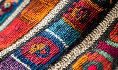 Obraz premium Close-Up of Woven Textile from Peru with Vibrant Colors and Geometric Patterns