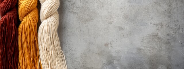  A collection of varied yarn colors adorns a wall, adjacent to a cement backdrop with a concrete background