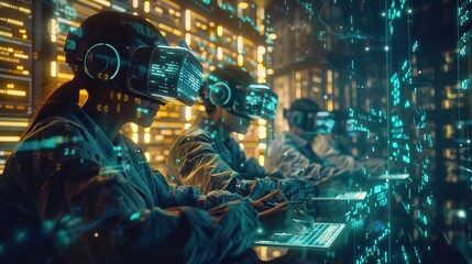 People wearing VR headsets in a futuristic tech environment