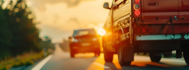  A red truck drives down a road, accompanied by another red truck with its rear lights illuminated