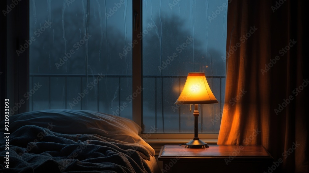 Poster a bedside table lamp glows in a dark room with a bed and window behind it.