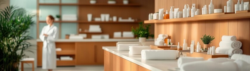 A serene spa interior featuring a tranquil environment and wellness products for relaxation and rejuvenation.