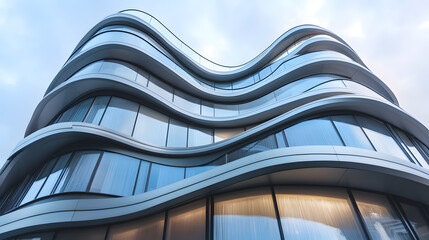  A modern office building with a sleek glass facade, reflecting the sky and city around it