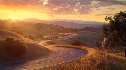A winding road with a sunset in the background