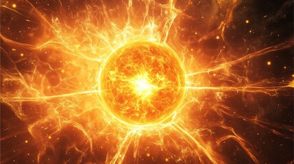 Obraz premium Golden-orange electrons surrounding a plasma core, radiating a warm.
