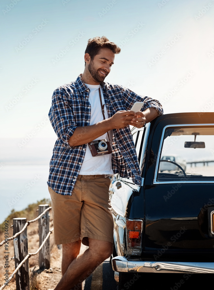 Poster man, road trip and internet with smartphone by car for navigation app, checking route and directions