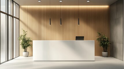 A sleek hospital reception with a white minimalist counter and wooden walls, creating a modern and inviting atmosphere.