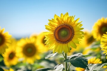 Fototapeta premium A close-up of a vibrant sunflower blooming among a field of sunflowers on a sunny day