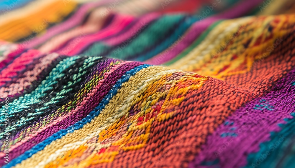 Poster close-up of woven textile from guatemala with vibrant colors and intricate patterns