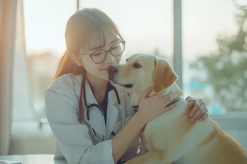 A dedicated veterinarian is seen with a joyful Labrador, showcasing their commitment to animal health and ensuring pets receive the best care with compassion, empathy, and responsibility
