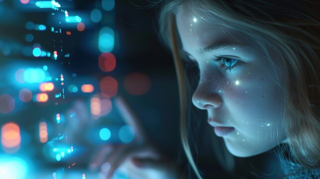 "Girl learning to code with holographic programming interface in a modern school