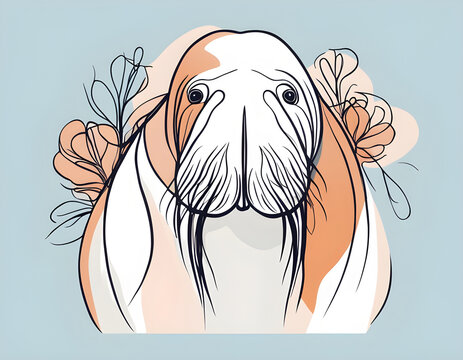 recommend clip art: colorful Abstract walrus  with flowers by one line vector drawing. Portrait minimalistic style background