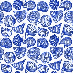 Azure blue white shell motif with linen seamless batik background, Modern coastal beach cottage rustic shell block print home decor pattern design in sealife beach style.