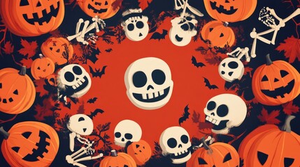 Obraz premium Spooky yet cute Halloween background showcasing playful skeletons and smiling jack-o'-lanterns, leaving room in the center for text.