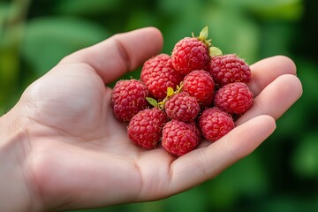 Freshly picked raspberries held in a hand against a green background during a sunny day