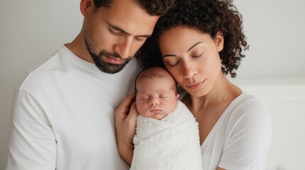 Fototapeta premium Tender Family Moment - Mother Holding Newborn Baby Wrapped in White Blanket, Father Standing Beside Them Affectionately