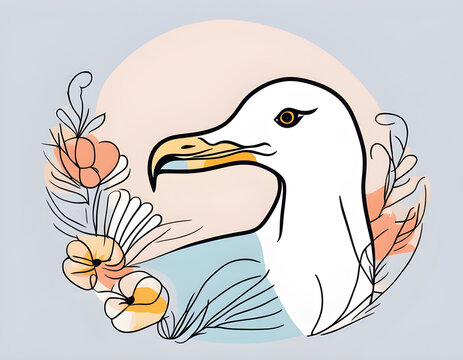 recommend clip art: colorful Abstract Seagull with flowers by one line vector drawing. Portrait minimalistic style background