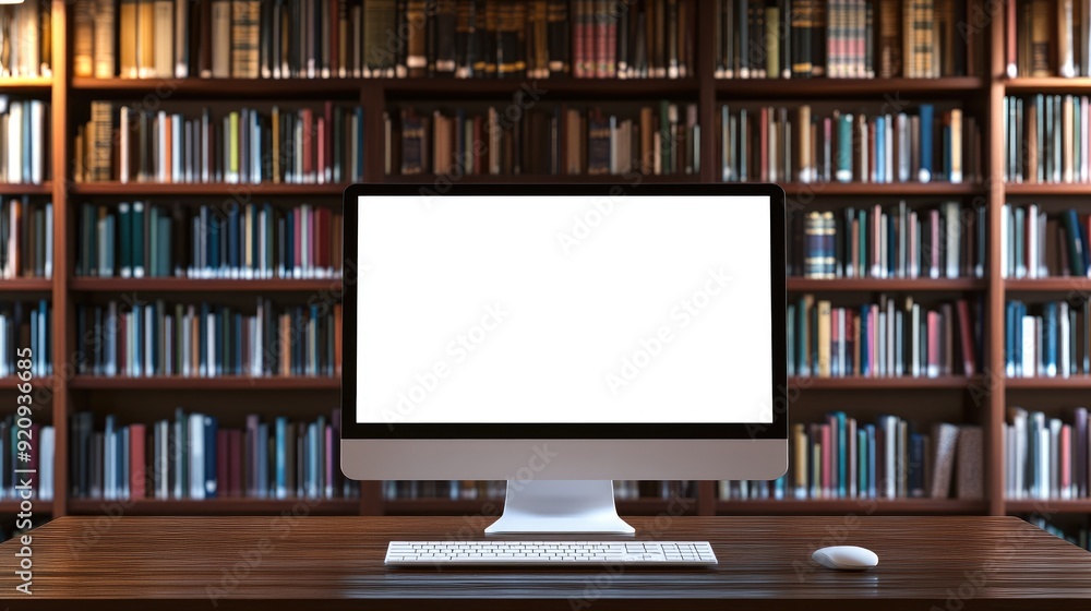 Aufkleber blank-screen computer on a desk in front of library bookshelves, providing an ideal setting for educ