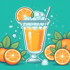 Glass Orange juice with orange sacs and slices fruits 
