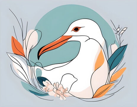recommend clip art: colorful Abstract Seagull with flowers by one line vector drawing. Portrait minimalistic style background