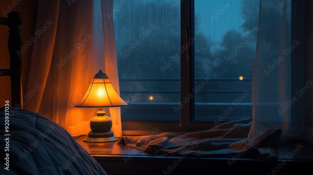 Aufkleber a lamp glows on a nightstand by a window with a view of rain falling outside.