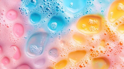 Bright and colorful soap foam with bubbles viewed from above, creating a dynamic and bubbly texture perfect for vibrant designs.